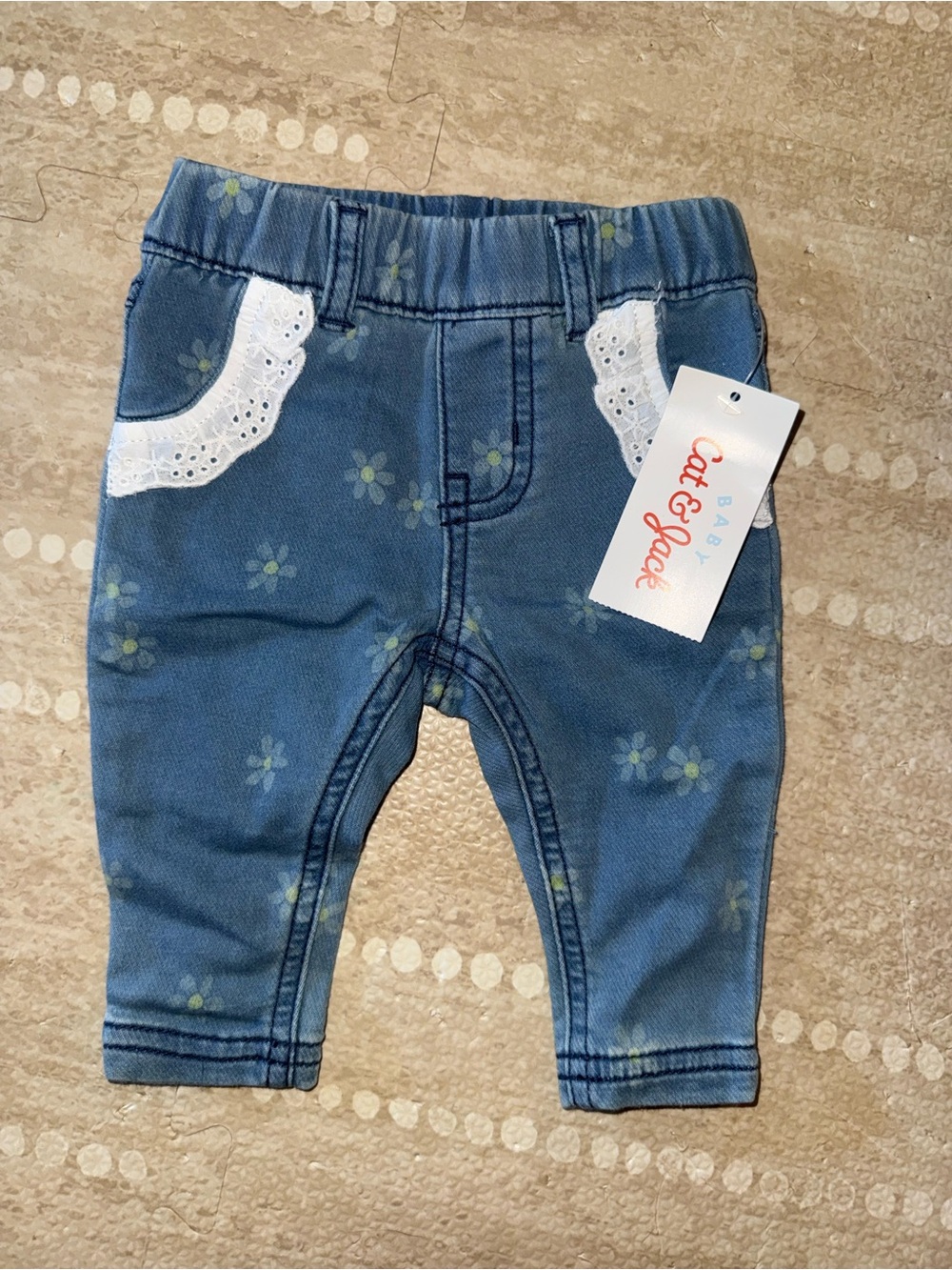 Cat & Jack‎ Blue Floral Baby Jeans with White Lace Trim